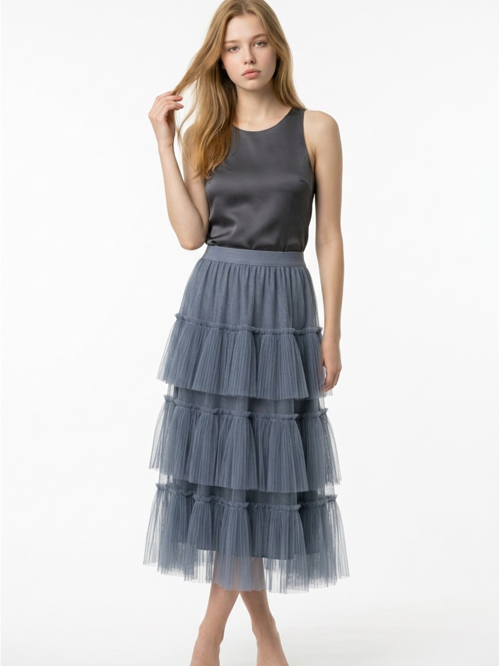 Blue Grey Tiered Tulle Midi Skirt XS/S | Balletcore Fairycore Romantic